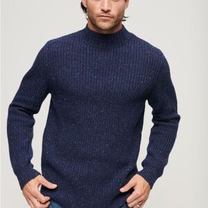 Superdry Navy Wool Blend Tweed Mock Neck Knit Pullover Sweater Men’s Size Large